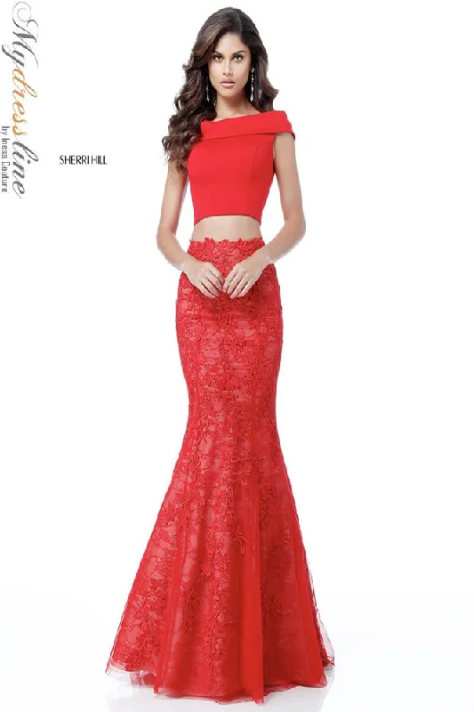 Prom dresses with tiered lace skirts and off - the - shoulder necklines for a feminine and elegant formal affairSherri Hill 51730