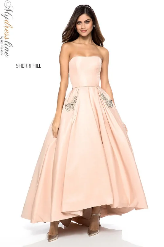 Formal dresses with cold - shoulder ruffled sleeves and floral prints for a romantic and trendy formal styleSherri Hill 51789 Formal dresses with cold - shoulder ruffled sleeves and floral prints for a romantic and trendy formal styleSherri Hill 51789