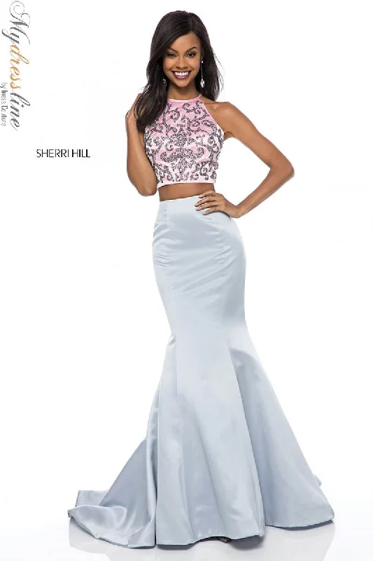 Prom dresses with cold - shoulder ruffled sleeves and floral prints for a romantic and fashionable styleSherri Hill 51837 Prom dresses with cold - shoulder ruffled sleeves and floral prints for a romantic and fashionable styleSherri Hill 51837