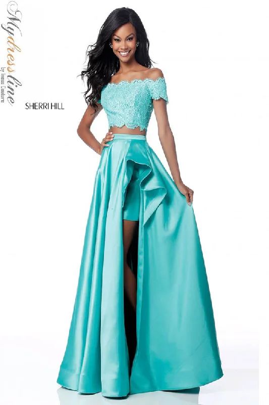 Prom dresses with lace - trimmed hems and off - the - shoulder necklines for a delicate lookSherri Hill 51857 Prom dresses with lace - trimmed hems and off - the - shoulder necklines for a delicate lookSherri Hill 51857