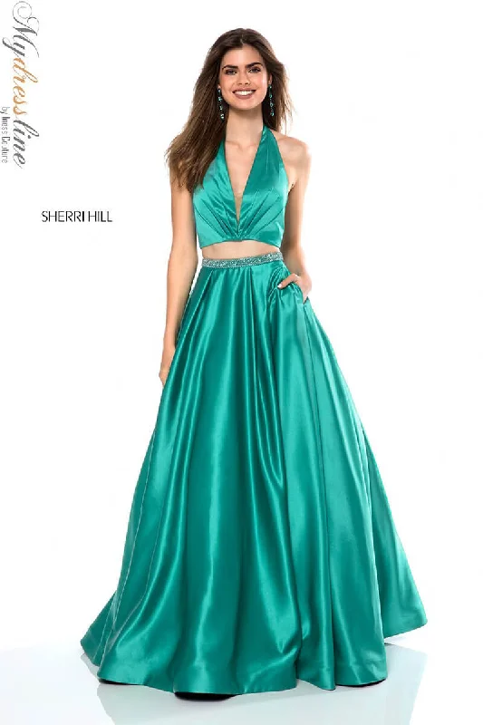Formal dresses with cold - shoulder ruffled sleeves and floral prints for a romantic and trendy formal styleSherri Hill 52023 Formal dresses with cold - shoulder ruffled sleeves and floral prints for a romantic and trendy formal styleSherri Hill 52023