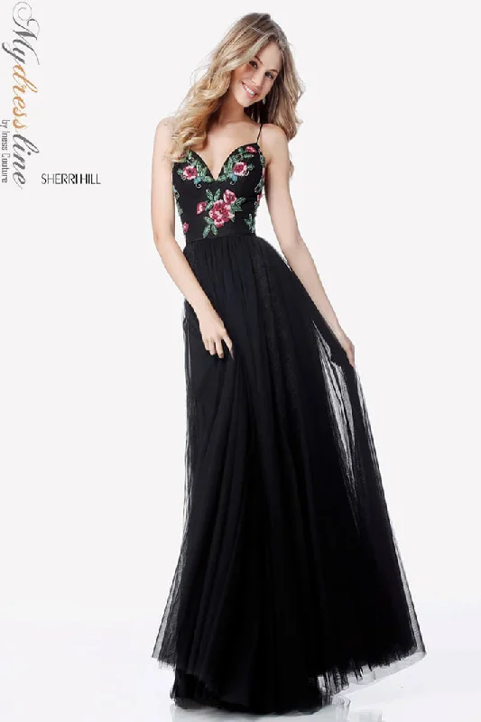 Prom dresses with lace - trimmed sleeves and empire - style waists for a flattering and vintage - inspired formal affairSherri Hill 52050 Prom dresses with lace - trimmed sleeves and empire - style waists for a flattering and vintage - inspired formal affairSherri Hill 52050