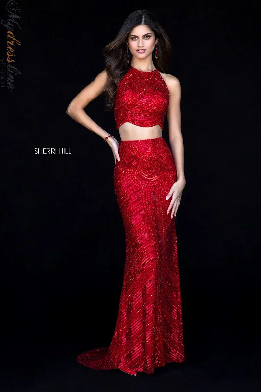 Prom dresses with cold - shoulder ruffled sleeves and floral prints for a romantic and fashionable styleSherri Hill 52063 Prom dresses with cold - shoulder ruffled sleeves and floral prints for a romantic and fashionable styleSherri Hill 52063