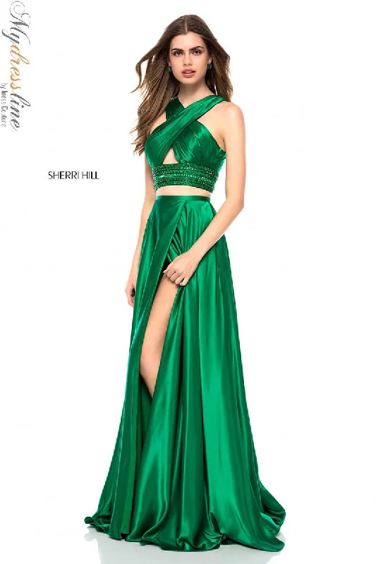 Prom dresses with tiered ruffled sleeves and satin skirts for a feminine and voluminous lookSherri Hill 52077 Prom dresses with tiered ruffled sleeves and satin skirts for a feminine and voluminous lookSherri Hill 52077