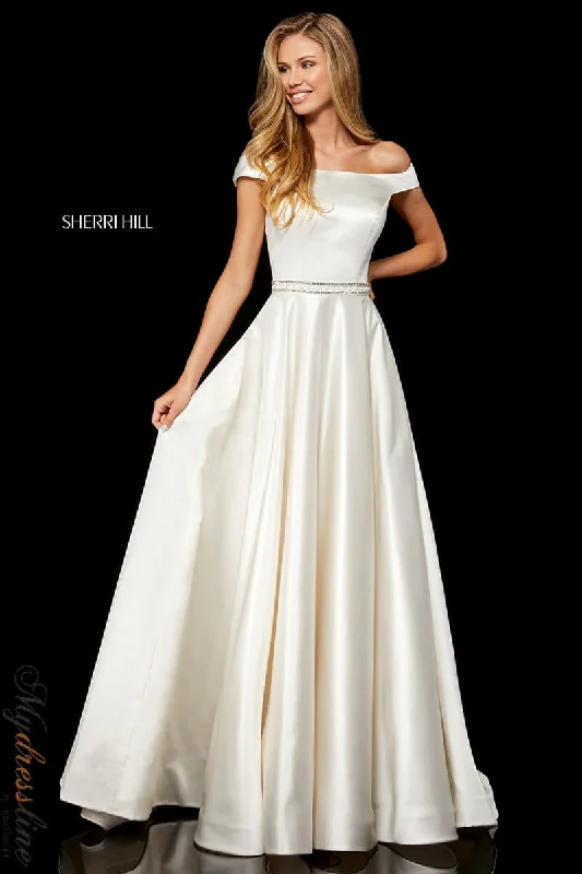 Formal dresses with pleated bodices and taffeta fabric for a traditional lookSherri Hill 52332