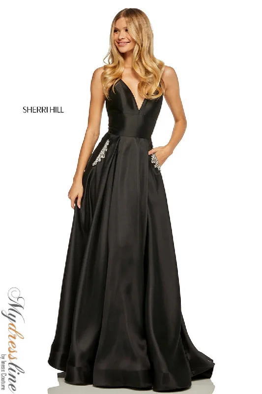 Formal dresses with empire waists and organza overlays for a feminine lookSherri Hill 52597 Formal dresses with empire waists and organza overlays for a feminine lookSherri Hill 52597