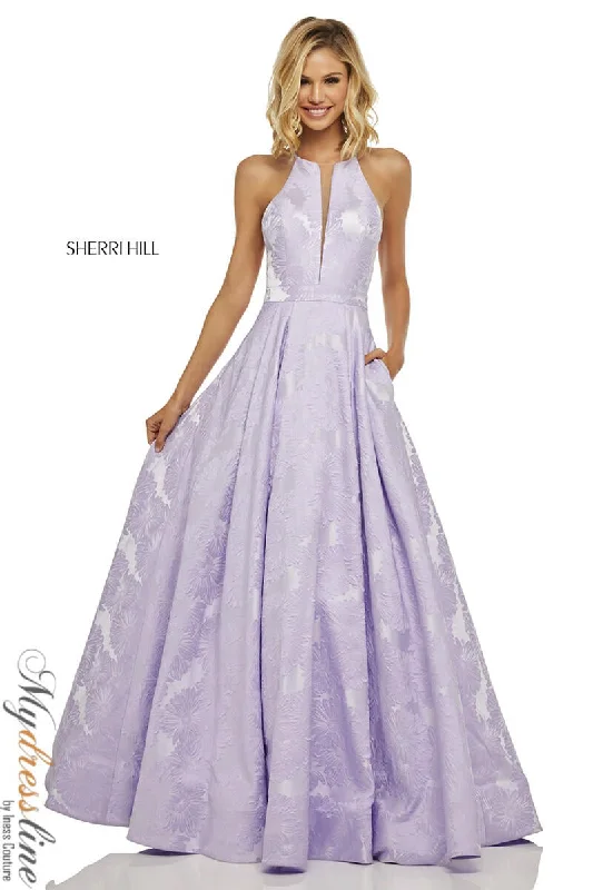 Formal dresses with cold - shoulder ruffled sleeves and floral prints for a romantic and trendy formal styleSherri Hill 52630 Formal dresses with cold - shoulder ruffled sleeves and floral prints for a romantic and trendy formal styleSherri Hill 52630