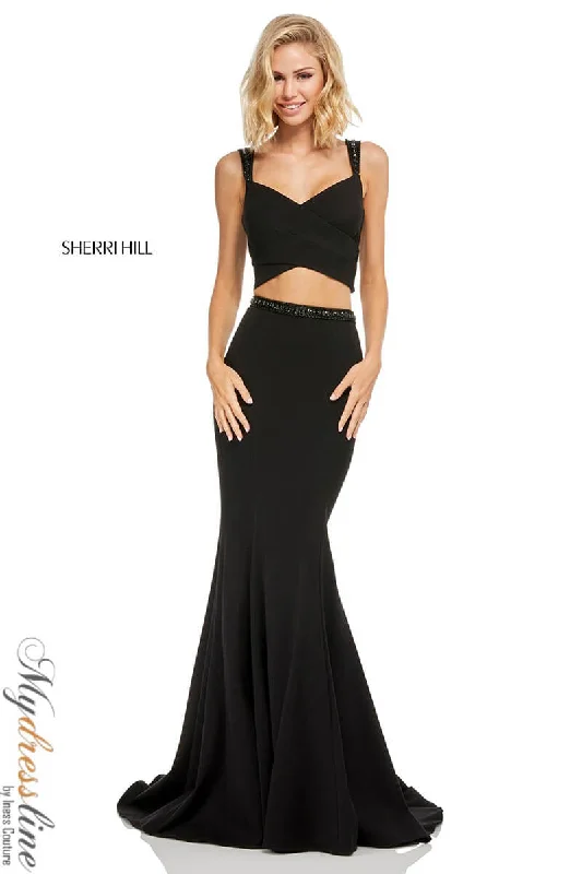 Prom dresses with lace - trimmed sleeves and empire - style waists for a flattering and vintage - inspired formal affairSherri Hill 52633 Prom dresses with lace - trimmed sleeves and empire - style waists for a flattering and vintage - inspired formal affairSherri Hill 52633