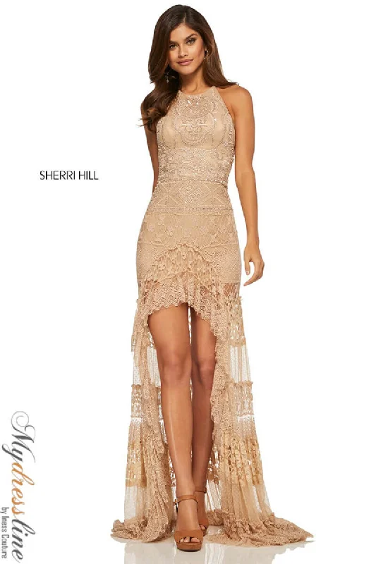Formal dresses with one - shoulder ruffled straps and sequined bodices for a trendy and eye - catching lookSherri Hill 52663 Formal dresses with one - shoulder ruffled straps and sequined bodices for a trendy and eye - catching lookSherri Hill 52663