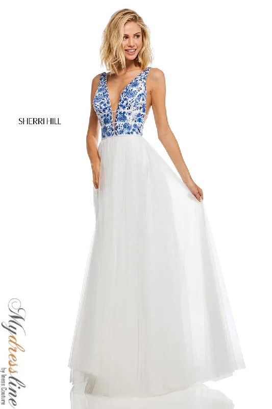 Formal dresses with embroidered panels and tulle overlays for a fairytale promSherri Hill 52672 Formal dresses with embroidered panels and tulle overlays for a fairytale promSherri Hill 52672