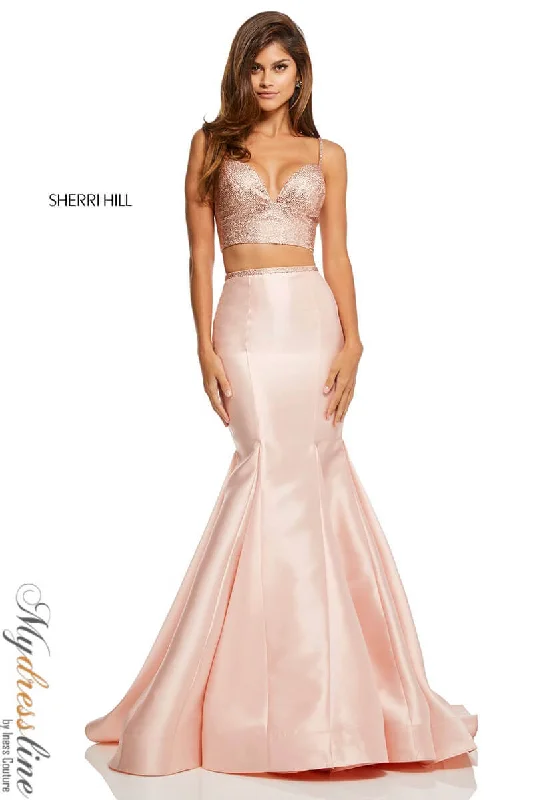 Prom dresses with cold - shoulder ruffled sleeves and floral prints for a romantic and fashionable styleSherri Hill 52734 Prom dresses with cold - shoulder ruffled sleeves and floral prints for a romantic and fashionable styleSherri Hill 52734