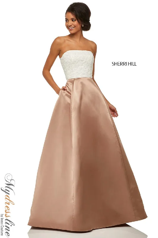 Formal dresses with one - shoulder ruffled straps and sequined bodices for a trendy and eye - catching lookSherri Hill 52774