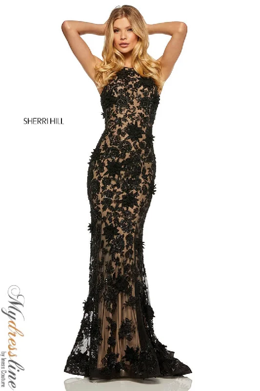 Tea - length formal dresses with lace trim for a semi - formal promSherri Hill 52778
