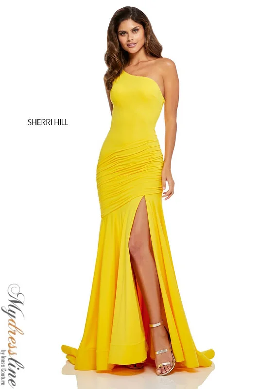 Prom dresses with lace - trimmed hems and off - the - shoulder necklines for a delicate lookSherri Hill 52789