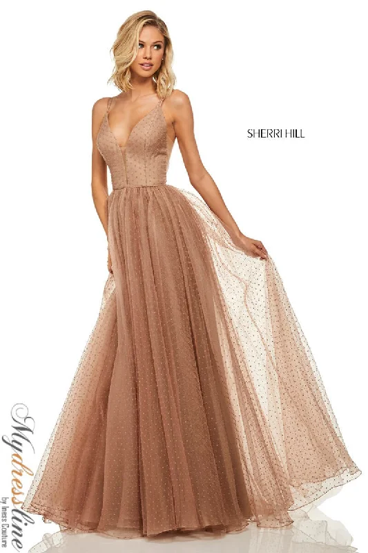 Formal dresses with cold - shoulder ruffled sleeves and floral prints for a romantic and trendy formal styleSherri Hill 52812