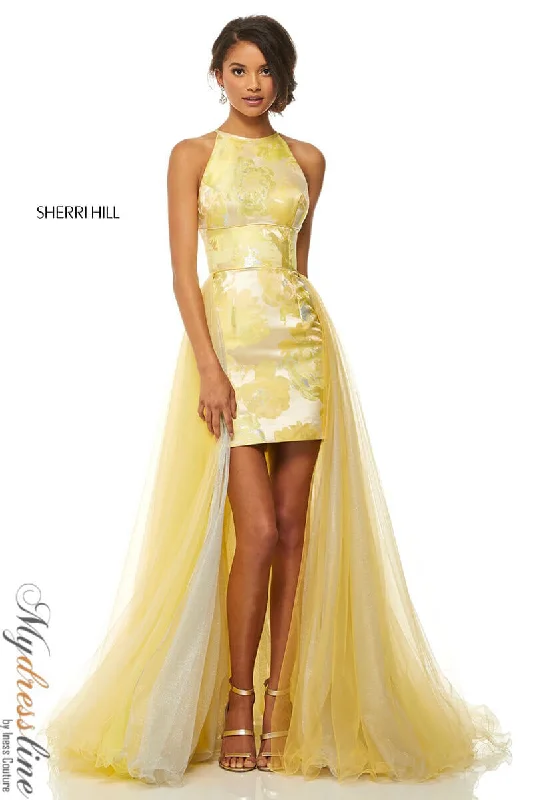 Formal dresses with one - shoulder ruffled straps and sequined bodices for a trendy and eye - catching lookSherri Hill 52859