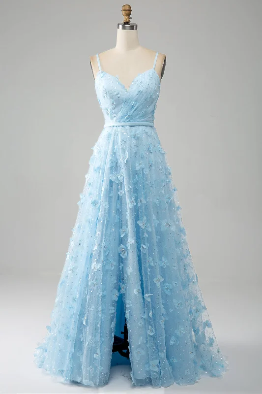 Mini cocktail dresses with a ruffled hem and a solid colorSky Blue A Line Spaghetti Straps Sparkly Beaded Prom Dress with 3D Butterflies