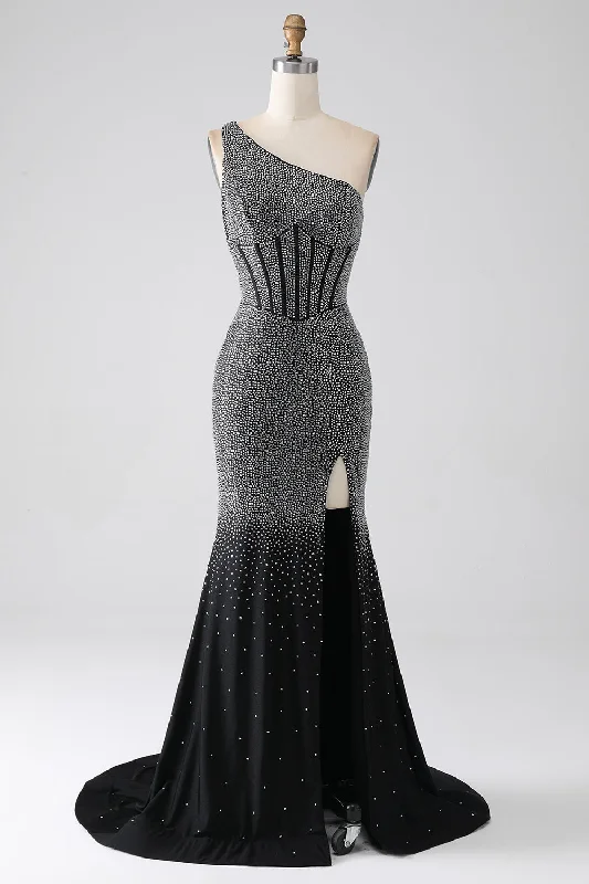 Asymmetric - hem cocktail dresses in a bold color for a fashion - forward lookSparkly Black Mermaid One Shoulder Corset Prom Dress