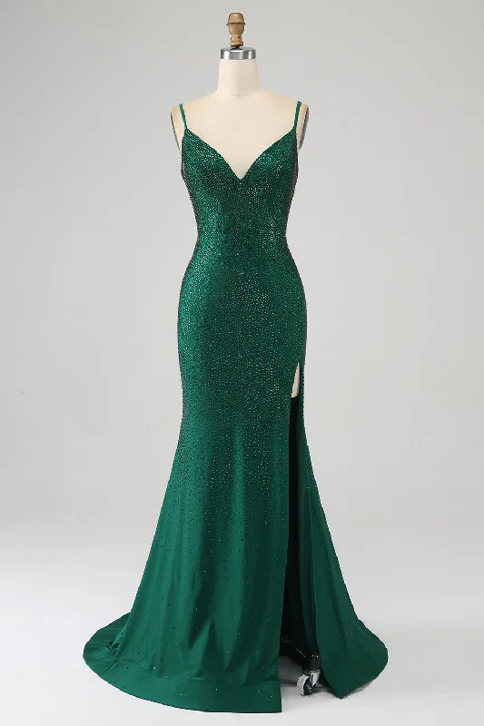 Strapless cocktail dresses with a sweetheart neckline and a full skirtSparkly Dark Green Beaded Long Mermaid Prom Dress with Slit