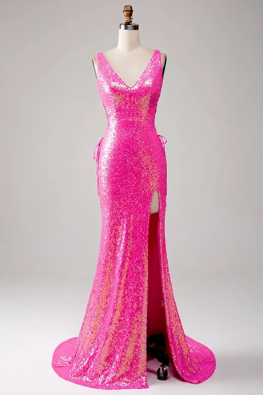 Ruffled cocktail dresses with a knee - length hem for a feminine appealSparkly Hot Pink Mermaid Prom Dress with Slit Ruffled cocktail dresses with a knee - length hem for a feminine appealSparkly Hot Pink Mermaid Prom Dress with Slit