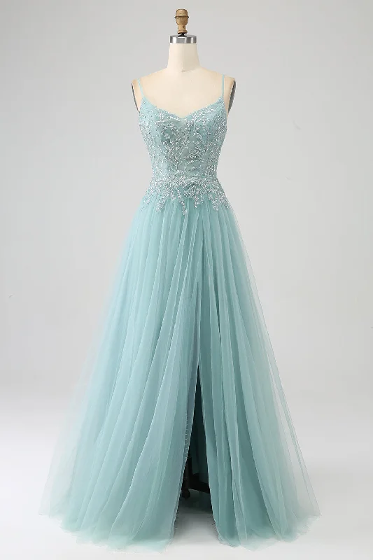 Cocktail dresses with a metallic - embroidered pattern and a midi - hemSparkly Light Green A-Line Sequin Applique Corset Prom Dress With Slit