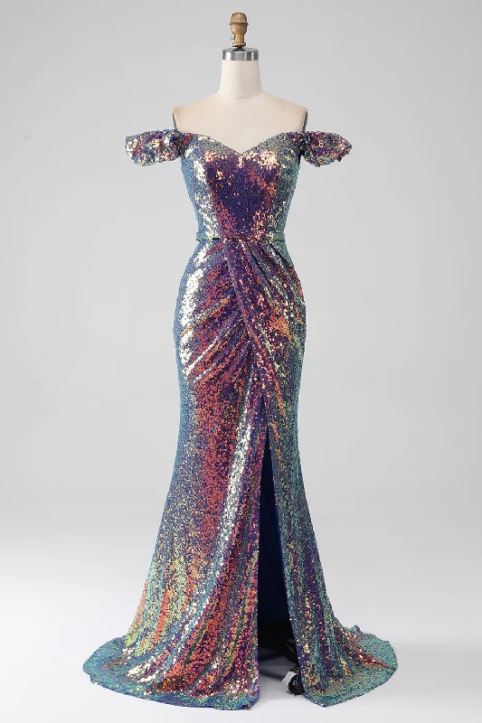 Sleeveless cocktail dresses in a silk - blend fabric for a luxurious feelSparkly Mermaid Off The Shoulder Purple Prom Dress with Slit