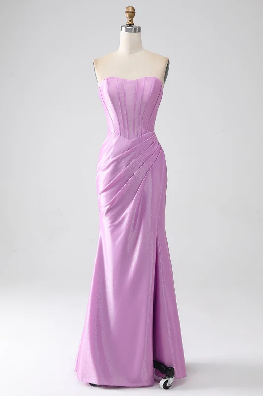 One - shoulder cocktail dresses in emerald green for a bold statementStrapless Purple Mermaid Corset Prom Dress with Pleated