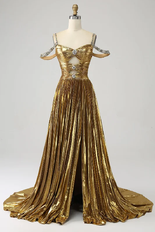 Satin - lined cocktail dresses with a lace outer layerStunning A Line Off the Shoulder Gold Long Prom Dress with Keyhole