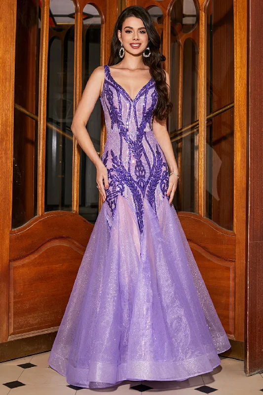 Cocktail dresses with a keyhole back and a midi - lengthStunning Mermaid V Neck Purple Sequins Long Prom Dress with Open Back