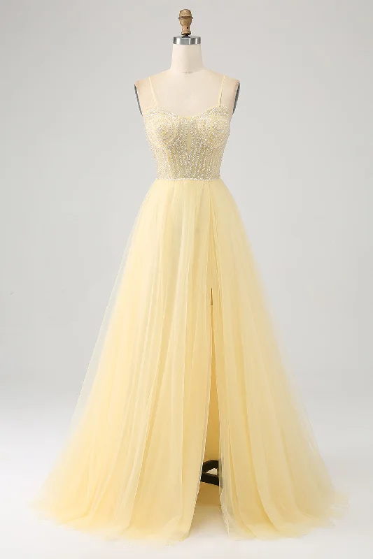 Sequined cocktail dresses with a mermaid silhouetteTulle Beaded Light Yellow Prom Dress with Slit