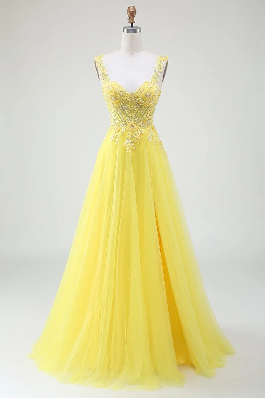 Ribbed - texture cocktail dresses with a cap - sleeve designTulle Beaded Yellow Corset Prom Dress with Slit
