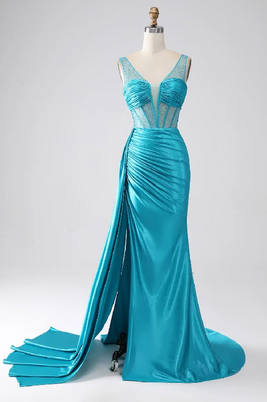 Cocktail dresses with a tiered skirt and a bow at the waistTurquoise Mermaid V-Neck Sweep Train Pleated Corset Beaded Prom Dress