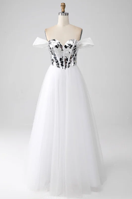 Printed cocktail dresses with geometric patterns for a contemporary aestheticWhite A-Line Off the Shoulder Long Corset Prom Dress
