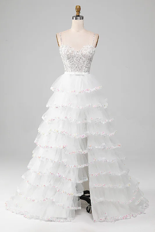 Bow - backed cocktail dresses with a fit - and - flare silhouetteWhite A-Line Sparkly Sequin Ruffle Skirt Corset Prom Dress With Slit Bow - backed cocktail dresses with a fit - and - flare silhouetteWhite A-Line Sparkly Sequin Ruffle Skirt Corset Prom Dress With Slit