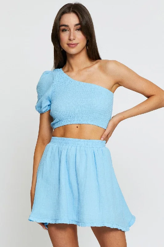 Solid Color Women Shorts in Bright Hues for a Bold StatementBlue Skater Mini Skirt