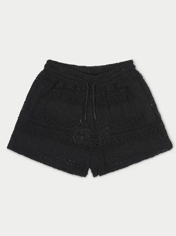 Belted Women Shorts to Enhance the WaistlineTEXTURED CROCHET SHORTS - BLACK