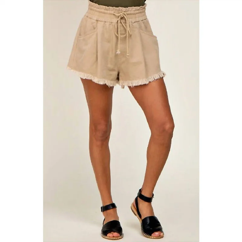 Embroidered Women Shorts with Intricate DesignsDrawstring Frayed Hem Shorts In Beige Embroidered Women Shorts with Intricate DesignsDrawstring Frayed Hem Shorts In Beige