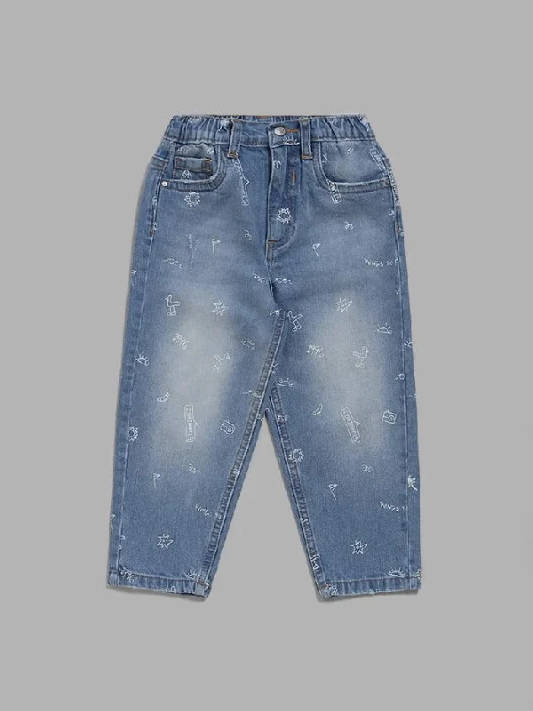 Patterned Geometric Women Shorts for a Modern AppealHOP Kids Ice Blue Typographic Printed Relaxed - Fit Mid - Rise Jeans