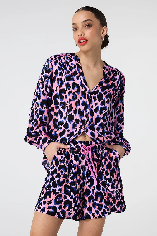 Embroidered Women Shorts with Intricate DesignsPink with Blue and Black Shadow Leopard Floaty Shorts