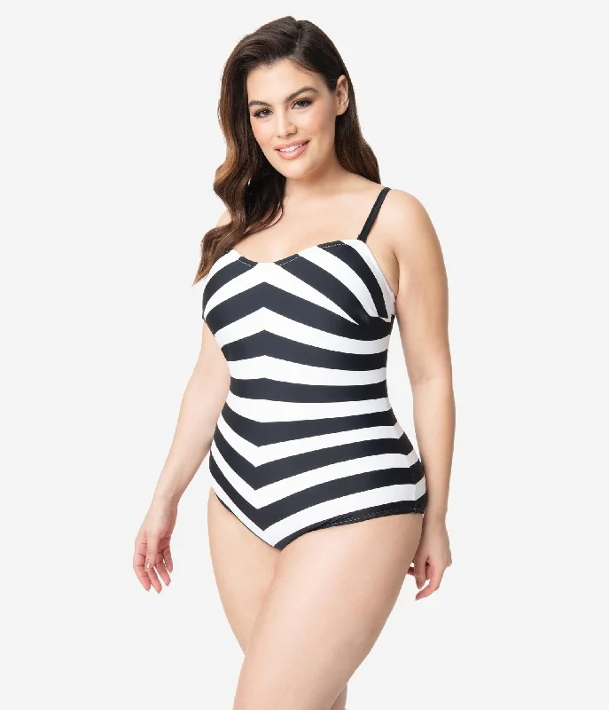 Plus size swimwear in bright colors for confidenceBarbieª x Unique Vintage Plus Size Black & White Chevron Stripe One Piece Bathing Suit Plus size swimwear in bright colors for confidenceBarbieª x Unique Vintage Plus Size Black & White Chevron Stripe One Piece Bathing Suit