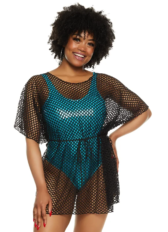 Plus size swimsuits with bust support for larger cup sizesFishnet Tie Waist Belted Cover Up Top Plus size swimsuits with bust support for larger cup sizesFishnet Tie Waist Belted Cover Up Top