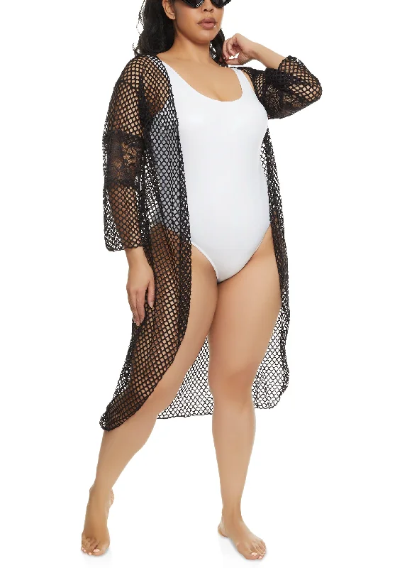 Plus size swimwear for hourglass figuresLace Detail Fishnet Cover Up Kimono