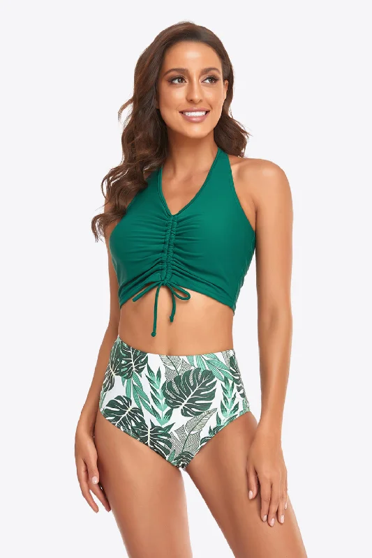Swim sets with a one - shoulder design for a stylish and asymmetric appearanceBotanical Print Halter Neck Drawstring Detail Bikini Set