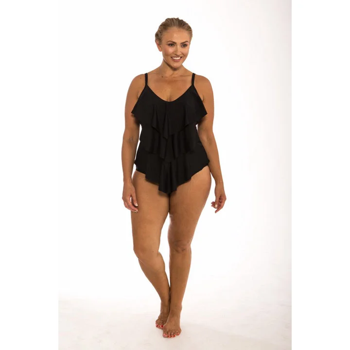 Plus size swimsuits with mesh insertsCapriosca Black 3 Tier One Piece