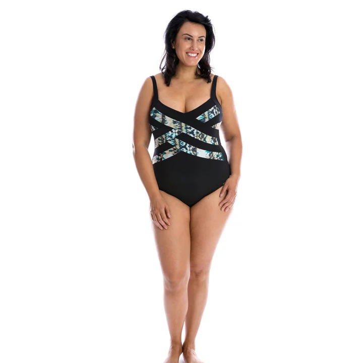 Plus size swimwear with slimming patternsCapriosca Ink & Water Criss Cross One Piece Plus size swimwear with slimming patternsCapriosca Ink & Water Criss Cross One Piece