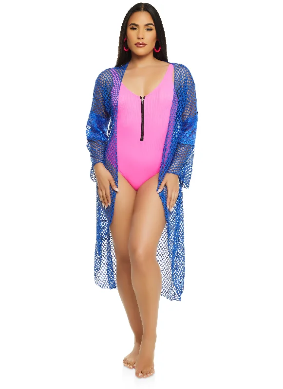 Plus size swimsuits with cut-out details (modest options)Lace Detail Fishnet Cover Up Kimono Plus size swimsuits with cut-out details (modest options)Lace Detail Fishnet Cover Up Kimono
