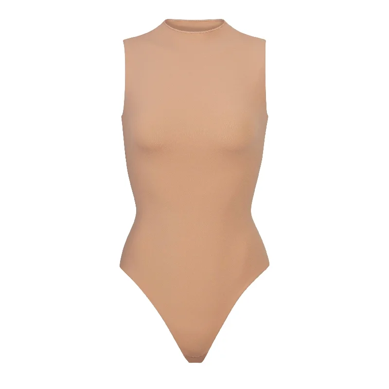 Button - Front Bodysuits with a Classic and Timeless AppealFITS EVERYBODY SLEEVELESS MOCK NECK BODYSUIT | OCHRE