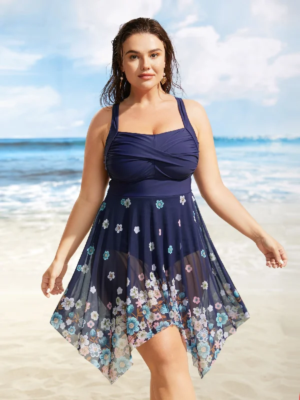 Swim sets with a neon trim for a pop of colorFlowers Patchwork Mesh Hanky Hem Swim Dress Swim sets with a neon trim for a pop of colorFlowers Patchwork Mesh Hanky Hem Swim Dress