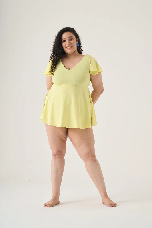 Plus size modest swimwear for religious preferencesFlutter Swim Dress: Yellow