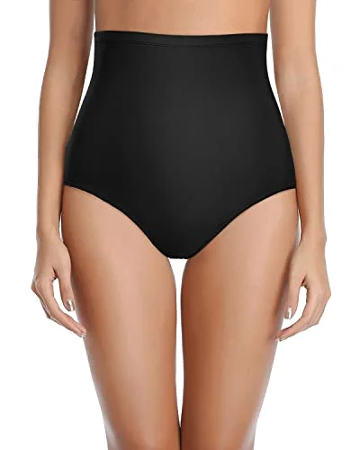 Metallic - finish bikini for a glamorous and eye - catching poolside lookRetro Full Coverage Tummy Control High Waisted Swim Bottoms-Black Metallic - finish bikini for a glamorous and eye - catching poolside lookRetro Full Coverage Tummy Control High Waisted Swim Bottoms-Black